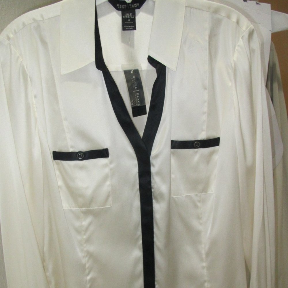 WHITE SILK STRETCH LONG SLEEVE BLOUSE,  BLACK TRIM